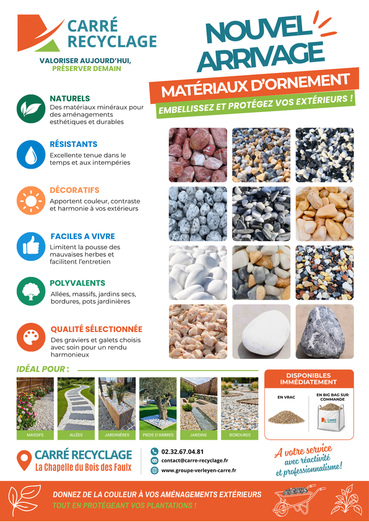 Stock de graviers et galets décoratifs chez Carré Recyclage
